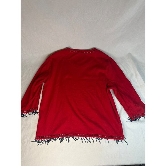 Red Christopher & Banks Womens Fringe Hem Cotton Top Large Beaded Details Boho - Picture 4 of 4